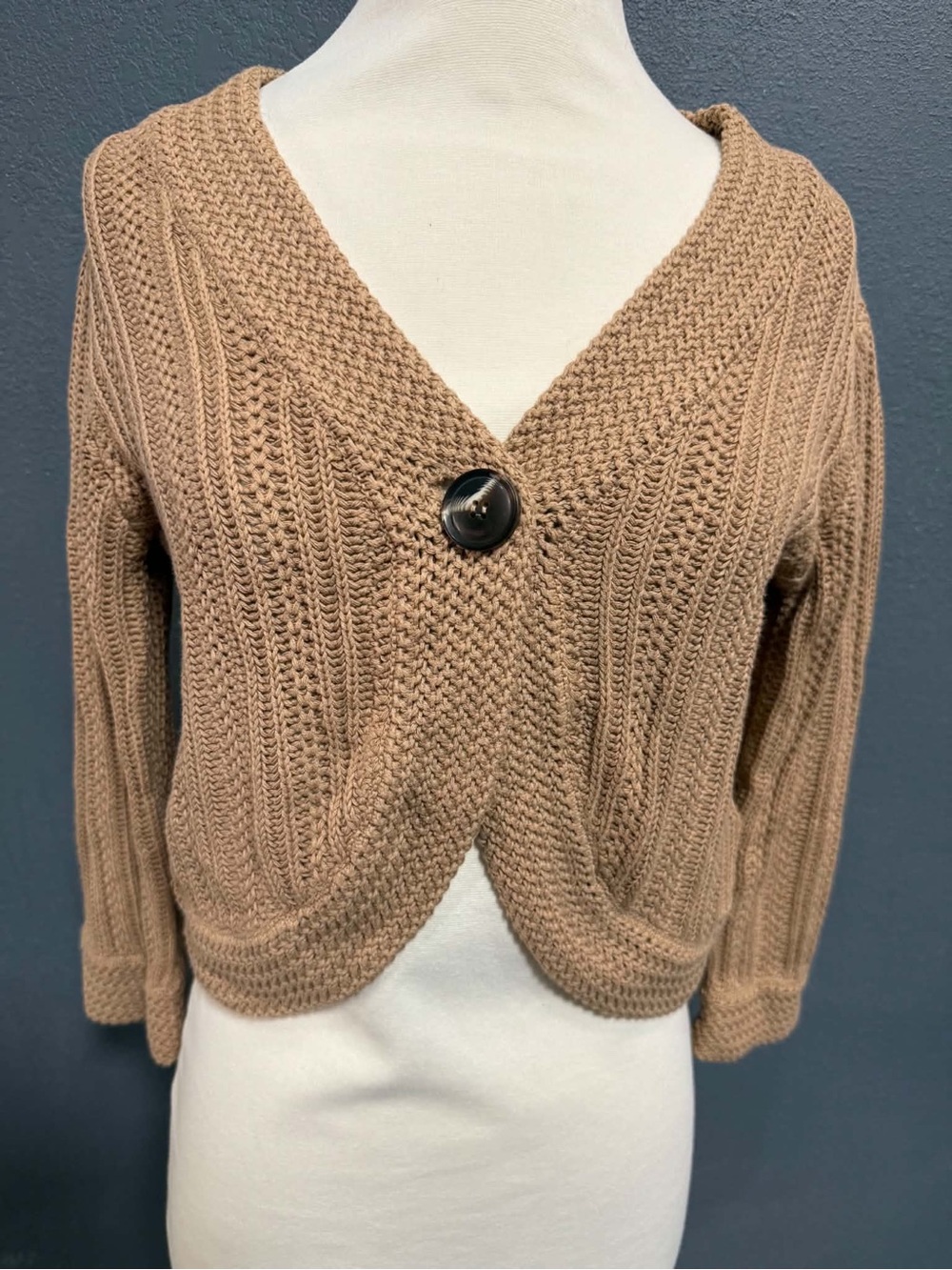 Tribal Camel Cropped V-Neck Cable Knit Sweater Cardigan